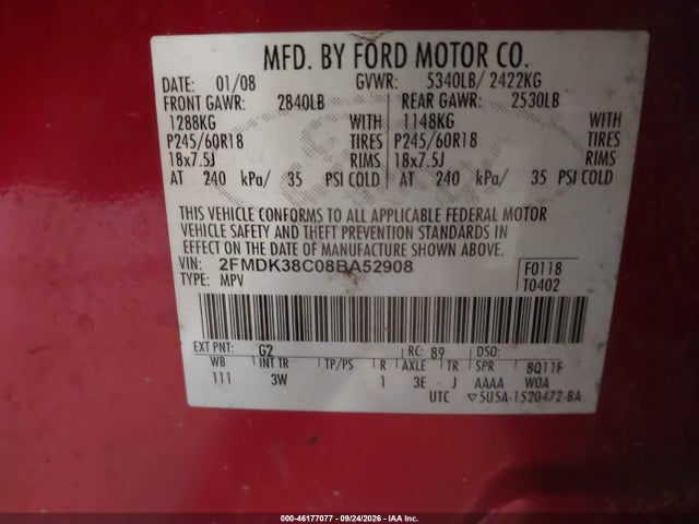 46177077 :رقم المزاد ، 2FMDK38C08BA52908 vin ، 2008 Ford Edge Sel مزاد بيع