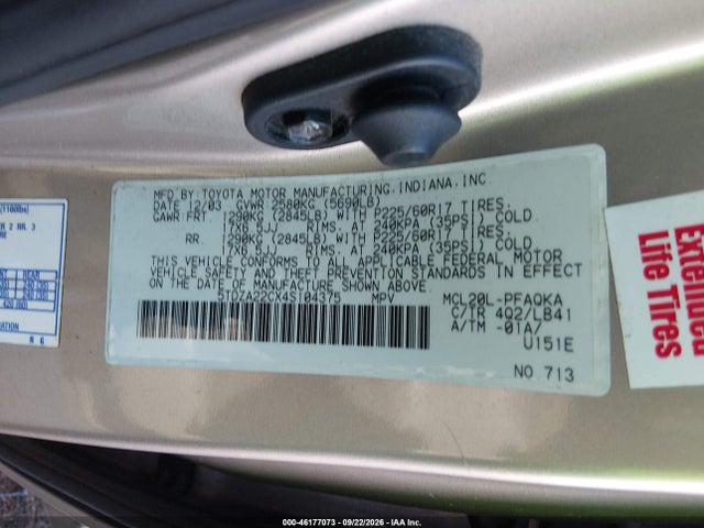 Продаж на аукціоні авто 2004 Toyota Sienna Xle, vin: 5TDZA22CX4S104375, номер лоту: 46177073
