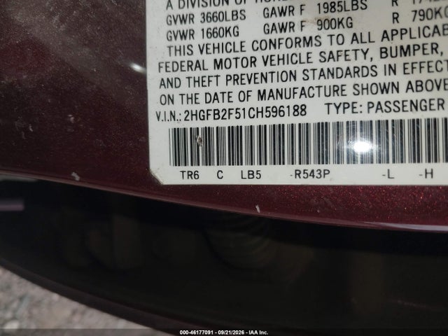 46177091 :رقم المزاد ، 2HGFB2F51CH596188 vin ، 2012 Honda Civic Lx مزاد بيع
