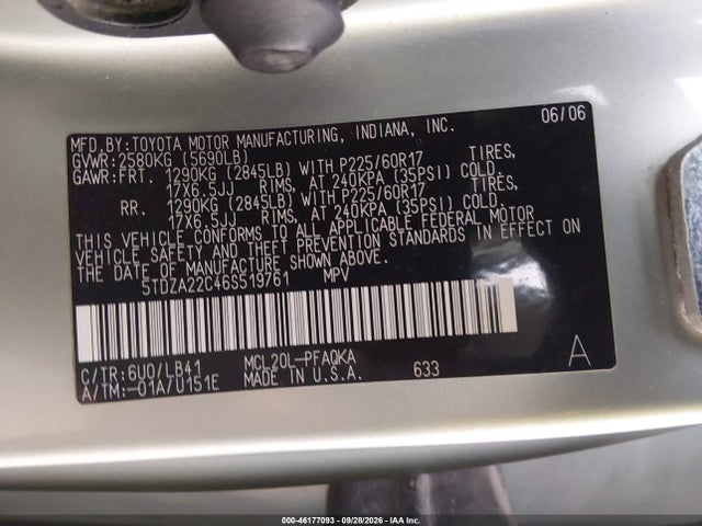 Aukcja sprzedaży 2006 Toyota Sienna Xle Limited, vin: 5TDZA22C46S519761, numer aukcji: 46177093