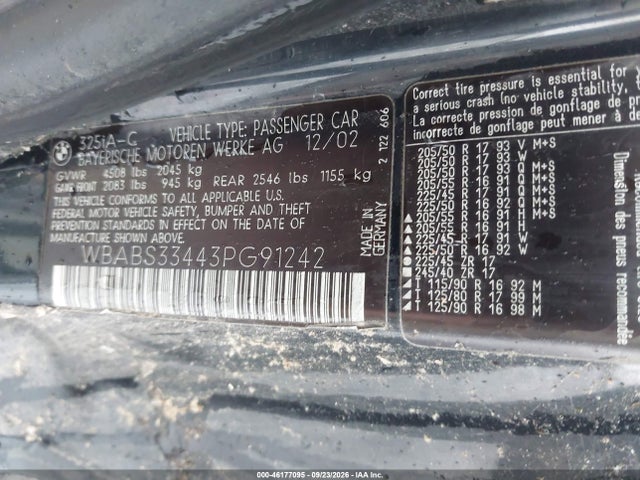 46177095 :رقم المزاد ، WBABS33443PG91242 vin ، 2003 Bmw 325ci مزاد بيع