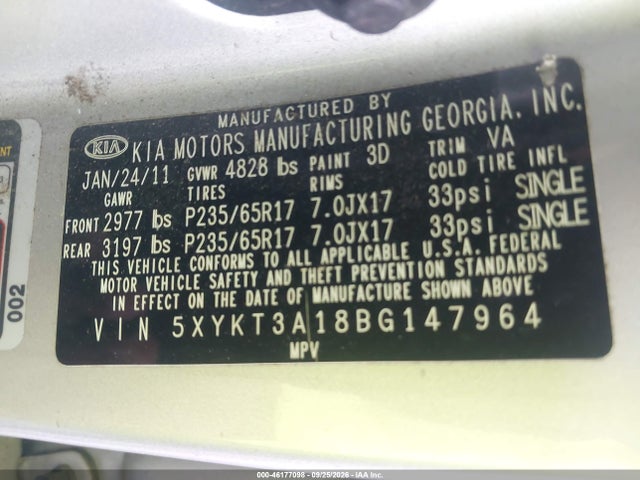 2011 Kia Sorento Lx მანქანა იყიდება აუქციონზე, vin: 5XYKT3A18BG147964, აუქციონის ნომერი: 46177098