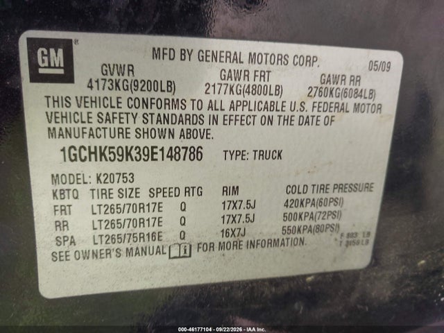 Aukcja sprzedaży 2009 Chevrolet Silverado 2500hd Lt, vin: 1GCHK59K39E148786, numer aukcji: 46177104