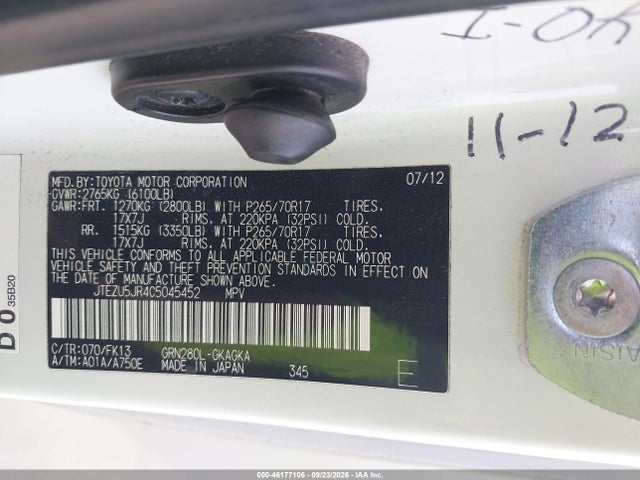 46177106 :رقم المزاد ، JTEZU5JR4C5045452 vin ، 2012 Toyota 4runner Sr5 مزاد بيع