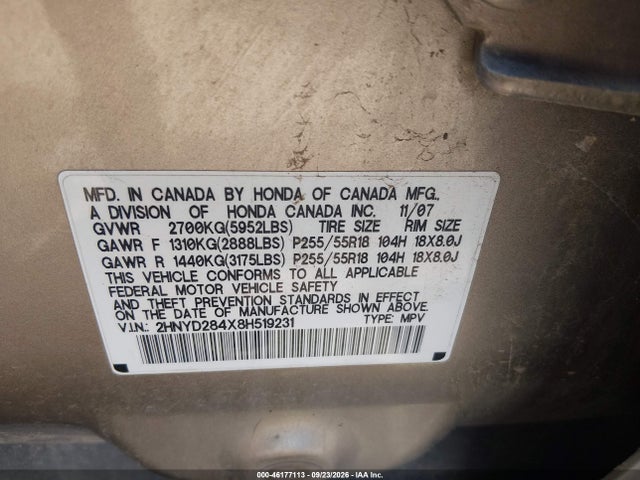 2008 Acura Mdx Technology Package მანქანა იყიდება აუქციონზე, vin: 2HNYD284X8H519231, აუქციონის ნომერი: 46177113
