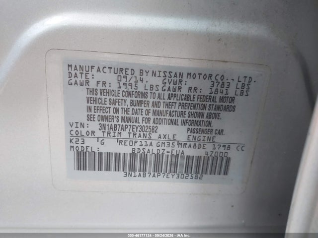 Продаж на аукціоні авто 2014 Nissan Sentra Sv, vin: 3N1AB7AP7EY302582, номер лоту: 46177124