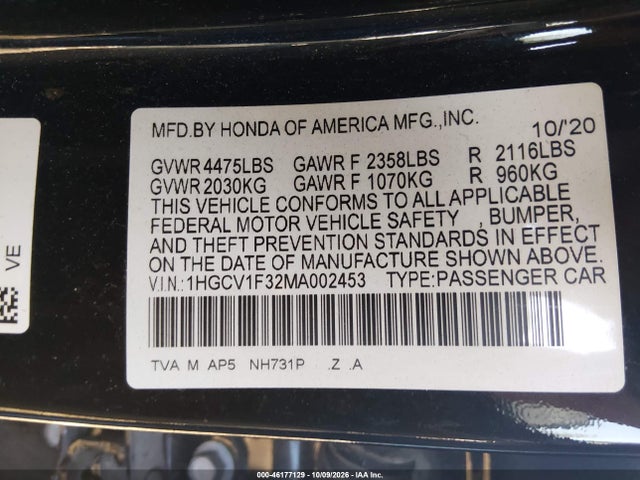 Aukcja sprzedaży 2021 Honda Accord Sport, vin: 1HGCV1F32MA002453, numer aukcji: 46177129