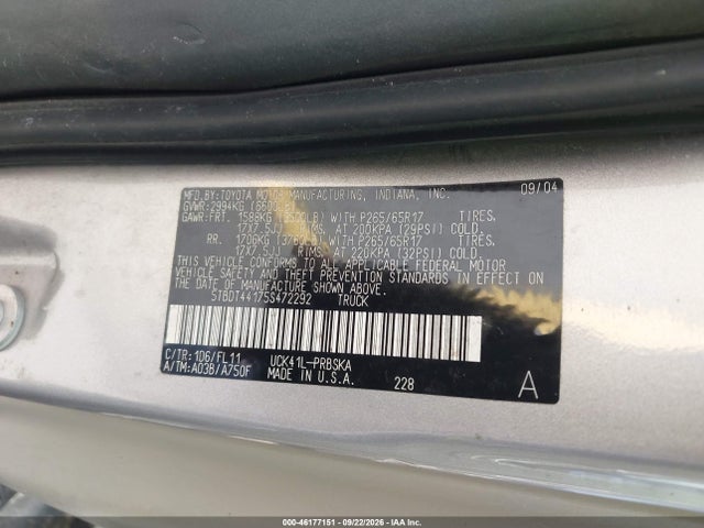 46177151 :رقم المزاد ، 5TBDT44175S472292 vin ، 2005 Toyota Tundra Sr5 V8 مزاد بيع