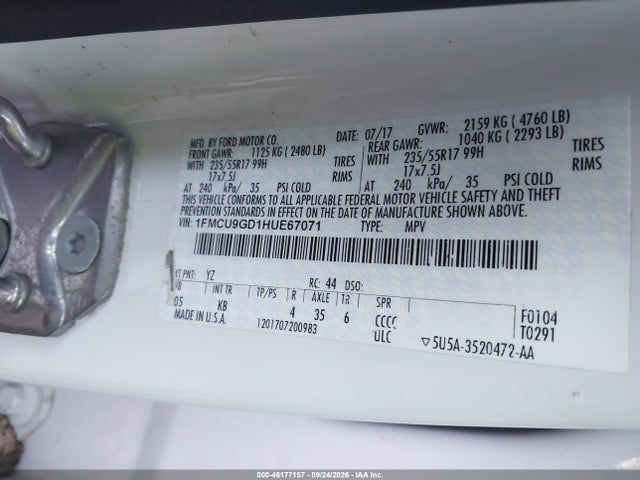 46177157 :رقم المزاد ، 1FMCU9GD1HUE67071 vin ، 2017 Ford Escape Se مزاد بيع
