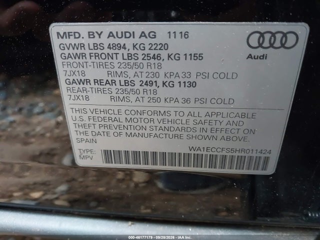 46177179 :رقم المزاد ، WA1ECCFS5HR011424 vin ، 2017 Audi Q3 2.0t Premium مزاد بيع