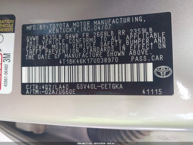 Продаж на аукціоні авто 2007 Toyota Camry Xle V6, vin: 4T1BK46K17U038970, номер лоту: 46177182