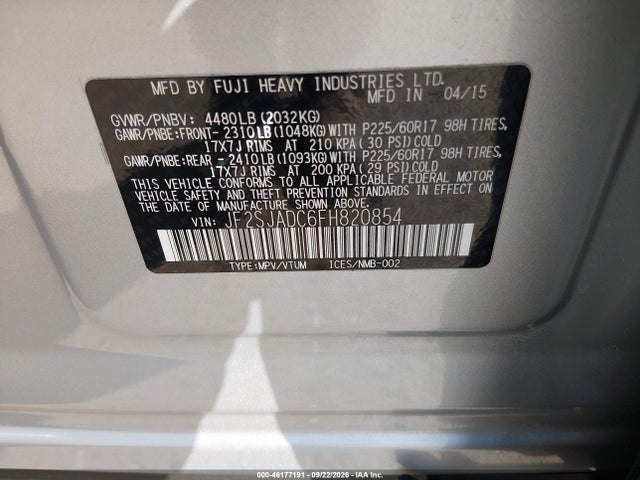 Aukcja sprzedaży 2015 Subaru Forester 2.5i Premium, vin: JF2SJADC6FH820854, numer aukcji: 46177191