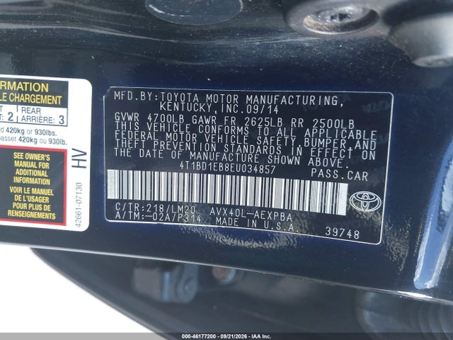 2014 Toyota Avalon Hybrid Limited მანქანა იყიდება აუქციონზე, vin: 4T1BD1EB8EU034857, აუქციონის ნომერი: 46177200