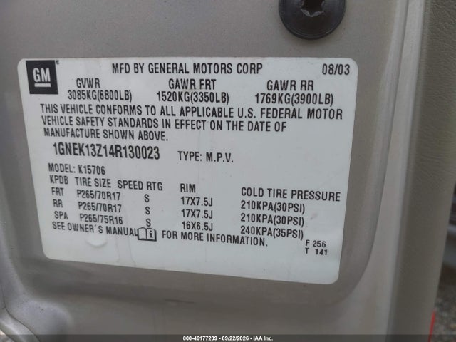 Продаж на аукціоні авто 2004 Chevrolet Tahoe Z71, vin: 1GNEK13Z14R130023, номер лоту: 46177209