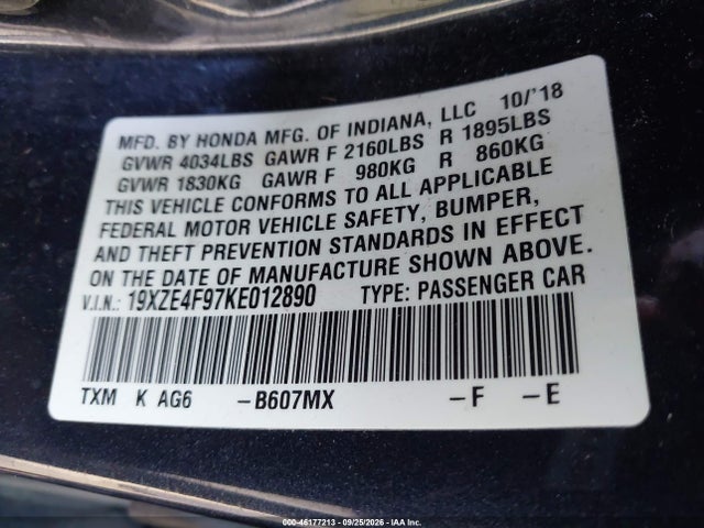Aukcja sprzedaży 2019 Honda Insight Touring, vin: 19XZE4F97KE012890, numer aukcji: 46177213