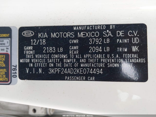 Продаж на аукціоні авто 2019 Kia Forte Lxs, vin: 3KPF24AD2KE074494, номер лоту: 46177215