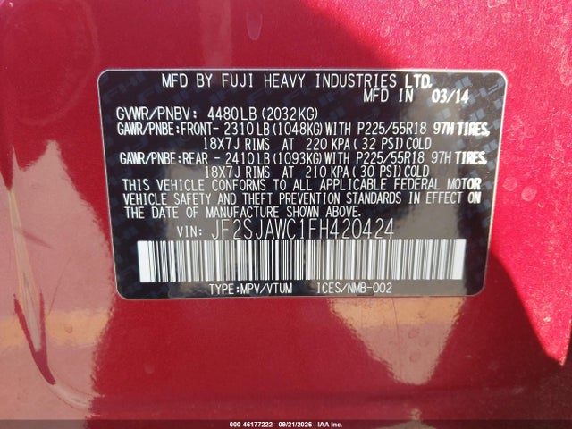 2015 Subaru Forester 2.5i Touring მანქანა იყიდება აუქციონზე, vin: JF2SJAWC1FH420424, აუქციონის ნომერი: 46177222