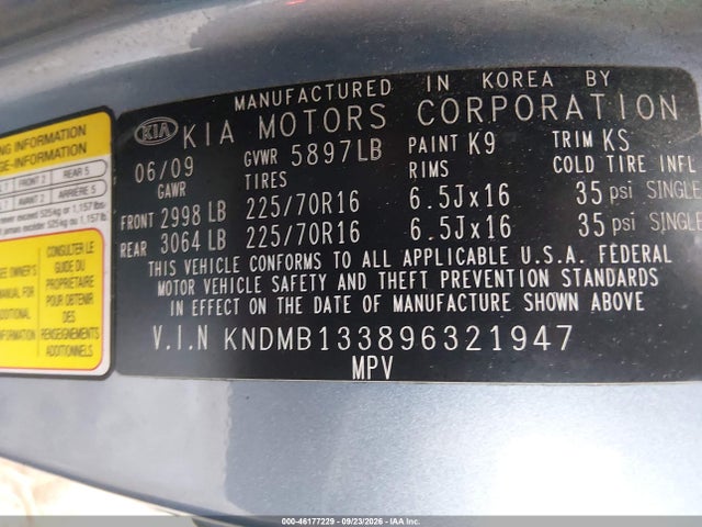 2009 Kia Sedona მანქანა იყიდება აუქციონზე, vin: KNDMB133896321947, აუქციონის ნომერი: 46177229