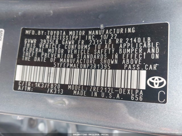 Aukcja sprzedaży 2022 Toyota Corolla Le, vin: 5YFEPMAE0NP381395, numer aukcji: 46177244