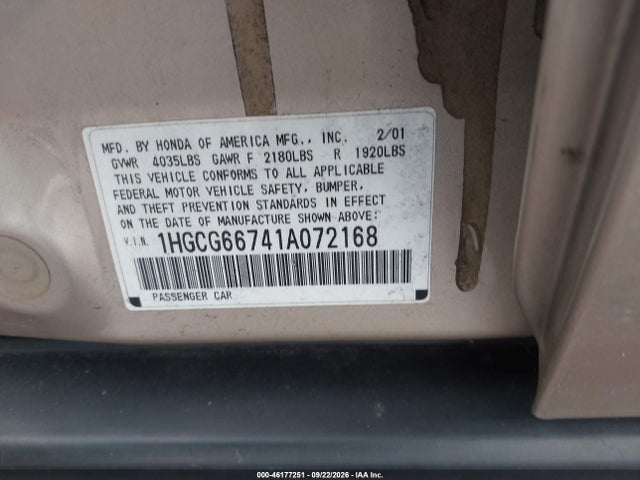 46177251 :رقم المزاد ، 1HGCG66741A072168 vin ، 2001 Honda Accord 2.3 Lx مزاد بيع