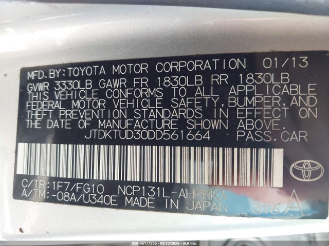 Aukcja sprzedaży 2013 Toyota Yaris Le, vin: JTDKTUD30DD561664, numer aukcji: 46177255