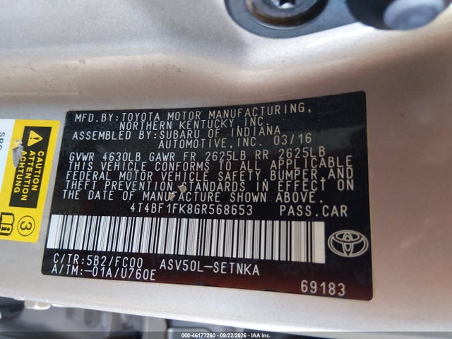 46177260 :رقم المزاد ، 4T4BF1FK8GR568653 vin ، 2016 Toyota Camry Le مزاد بيع