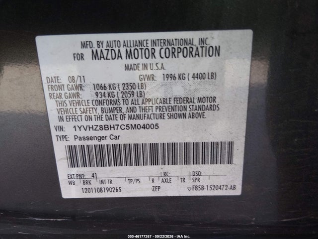 Aukcja sprzedaży 2012 Mazda Mazda6 I Sport, vin: 1YVHZ8BH7C5M04005, numer aukcji: 46177267