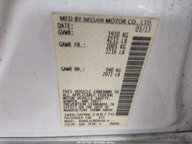 46177280 :رقم المزاد ، 1N4AL3AP0DC248770 vin ، 2013 Nissan Altima 2.5 S مزاد بيع