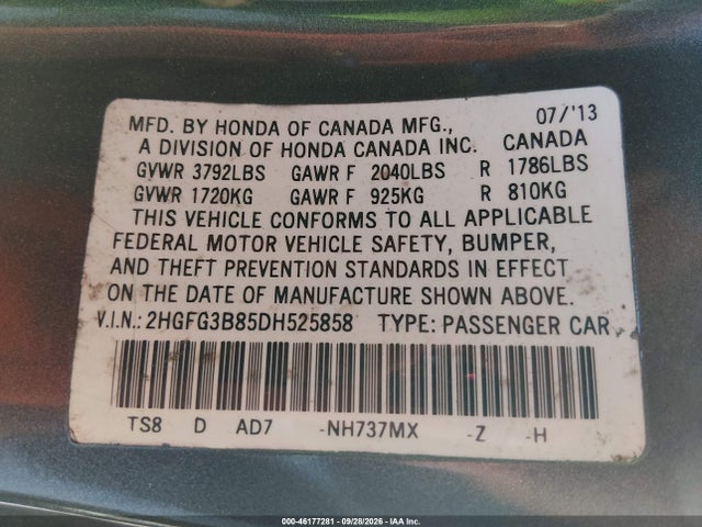 46177281 :رقم المزاد ، 2HGFG3B85DH525858 vin ، 2013 Honda Civic Ex مزاد بيع