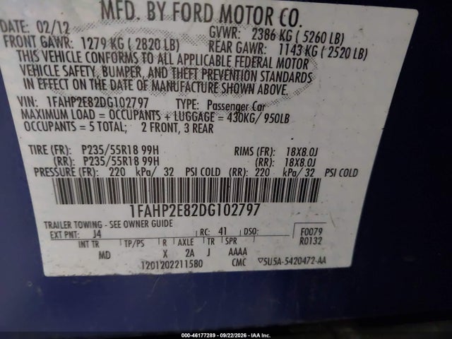 46177289 :رقم المزاد ، 1FAHP2E82DG102797 vin ، 2013 Ford Taurus Sel مزاد بيع