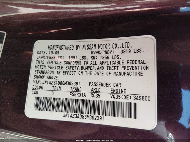Aukcja sprzedaży 2006 Nissan 350z Enthusiast, vin: JN1AZ34D86M302391, numer aukcji: 46177290
