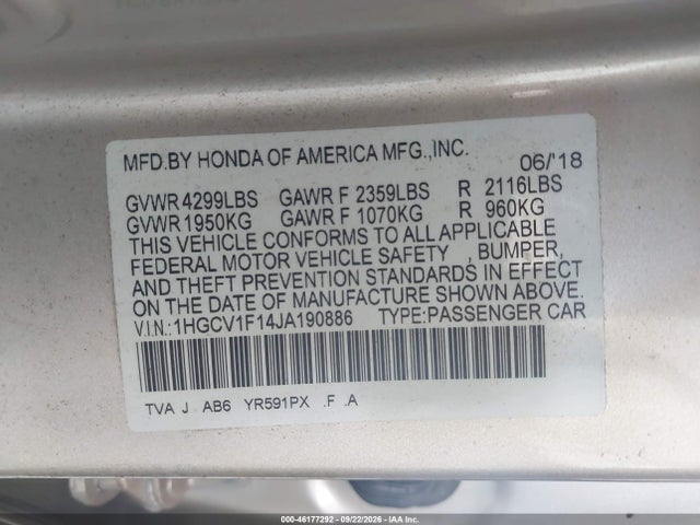 46177292 :رقم المزاد ، 1HGCV1F14JA190886 vin ، 2018 Honda Accord Lx مزاد بيع