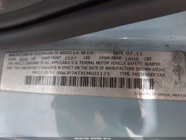 Aukcja sprzedaży 2012 Volkswagen Beetle 2.5l, vin: 3VWJP7ATXCM601173, numer aukcji: 46177306