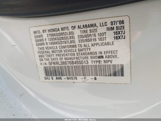 Продажа на аукционе авто 2006 Honda Odyssey Ex-l, vin: 5FNRL38676B455513, номер лота: 46177319