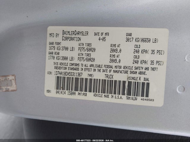 2005 Dodge Ram 1500 Slt/laramie მანქანა იყიდება აუქციონზე, vin: 1D7HA18DX5S311367, აუქციონის ნომერი: 46177323