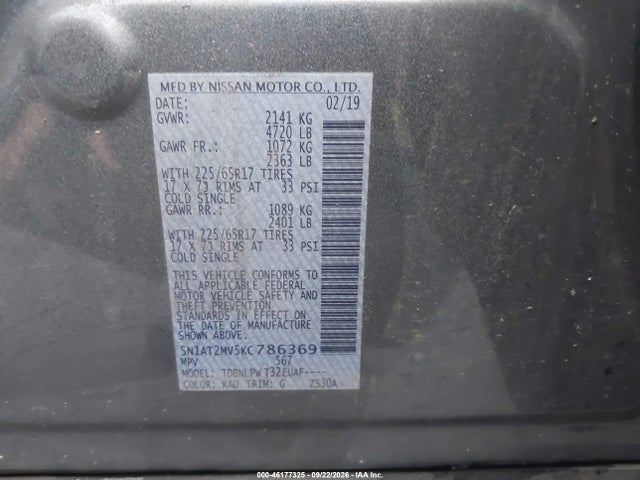 Aukcja sprzedaży 2019 Nissan Rogue S, vin: 5N1AT2MV5KC786369, numer aukcji: 46177325