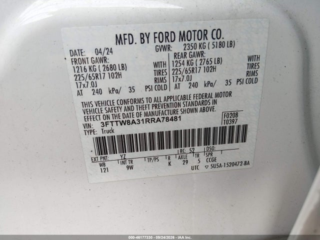 46177330 :رقم المزاد ، 3FTTW8A31RRA78481 vin ، 2024 Ford Maverick Xl مزاد بيع