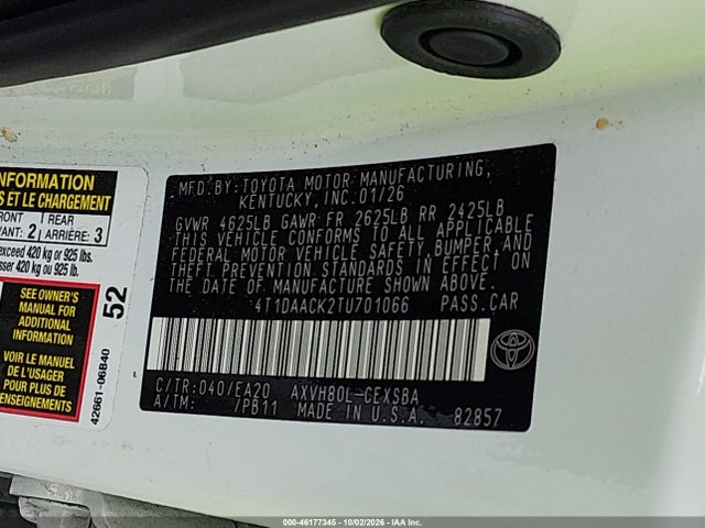 46177345 :رقم المزاد ، 4T1DAACK2TU701066 vin ، 2026 Toyota Camry Se مزاد بيع
