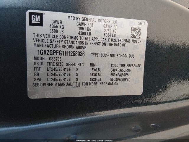 46177357 :رقم المزاد ، 1GAZGPFG1H1268926 vin ، 2017 Chevrolet Express 3500 Lt مزاد بيع