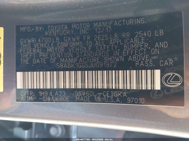 Lexus ES 350 2018 58ABK1GG5JU091972 Image 9
