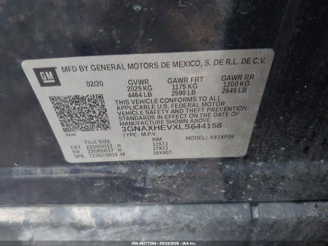 Aukcja sprzedaży 2020 Chevrolet Equinox Fwd Ls, vin: 3GNAXHEVXLS644158, numer aukcji: 46177364