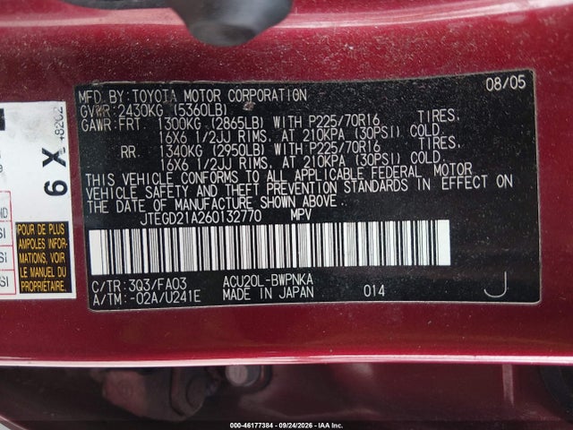 Aukcja sprzedaży 2006 Toyota Highlander, vin: JTEGD21A260132770, numer aukcji: 46177384