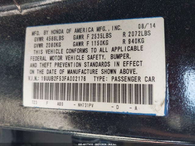 Aukcja sprzedaży 2015 Acura Tlx V6 Tech, vin: 19UUB2F53FA002176, numer aukcji: 46177418