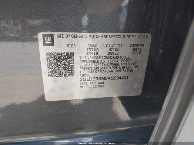 Aukcja sprzedaży 2019 Chevrolet Cruze Lt, vin: 3G1BE6SM0KS594431, numer aukcji: 46177420