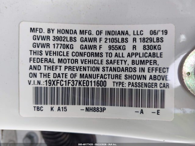 Auction sale of the 2019 Honda Civic Ex, vin: 19XFC1F37KE011600, lot number: 46177428
