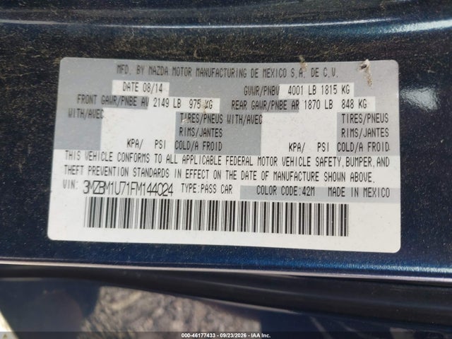 46177433 :رقم المزاد ، 3MZBM1U71FM144024 vin ، 2015 Mazda Mazda3 I Sport مزاد بيع