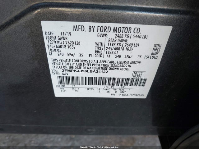 Продаж на аукціоні авто 2020 Ford Edge Sel, vin: 2FMPK4J96LBA24122, номер лоту: 46177443