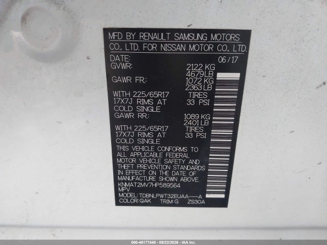 Aukcja sprzedaży 2017 Nissan Rogue S, vin: KNMAT2MV7HP589564, numer aukcji: 46177448