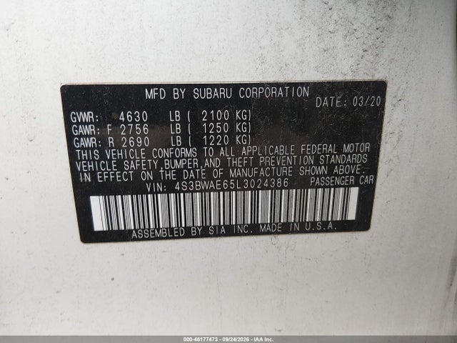 Продаж на аукціоні авто 2020 Subaru Legacy Premium, vin: 4S3BWAE65L3024386, номер лоту: 46177473