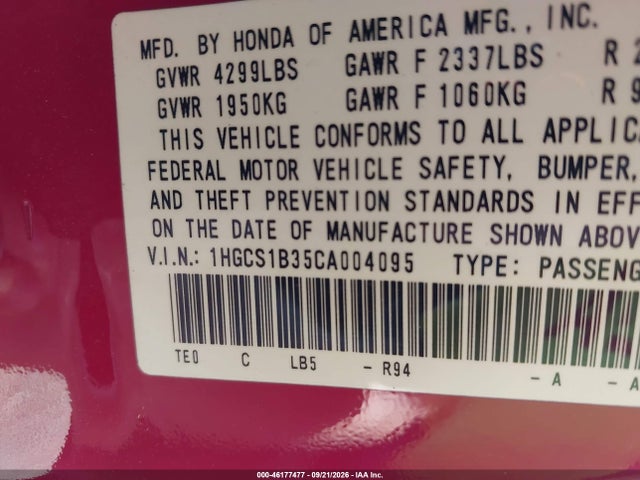 2012 Honda Accord 2.4 Lx-s მანქანა იყიდება აუქციონზე, vin: 1HGCS1B35CA004095, აუქციონის ნომერი: 46177477